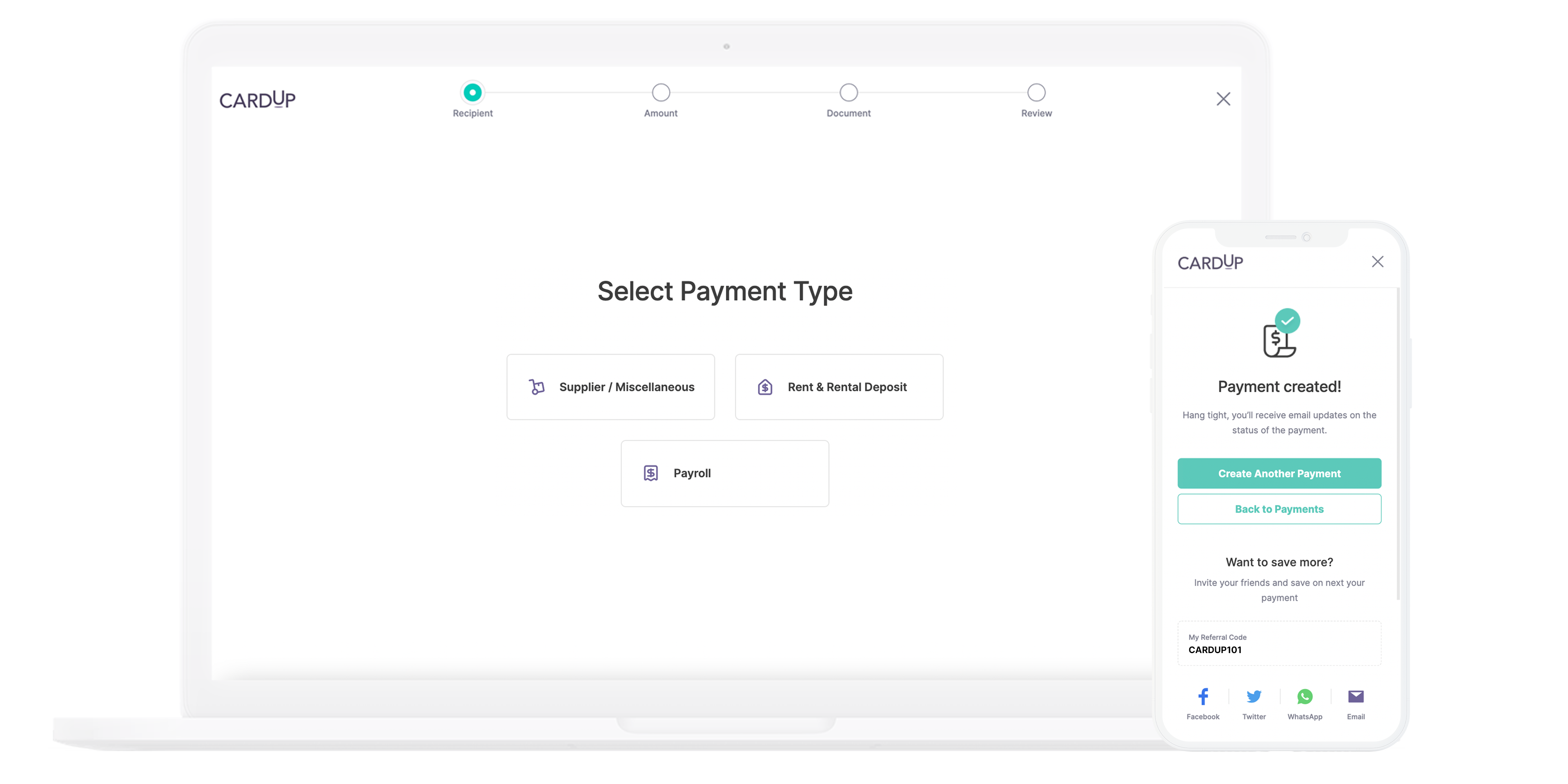 Pay via CardUp's platform easily from your laptop or mobile