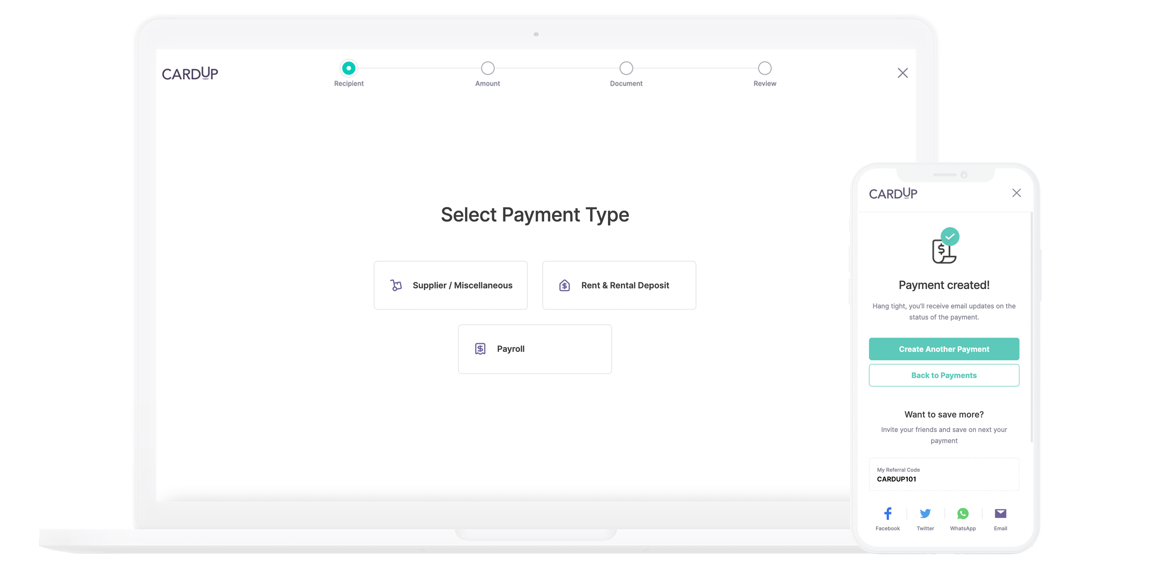 Pay business rent, supplier invoice, payroll, tax and more via CardUp's online platform