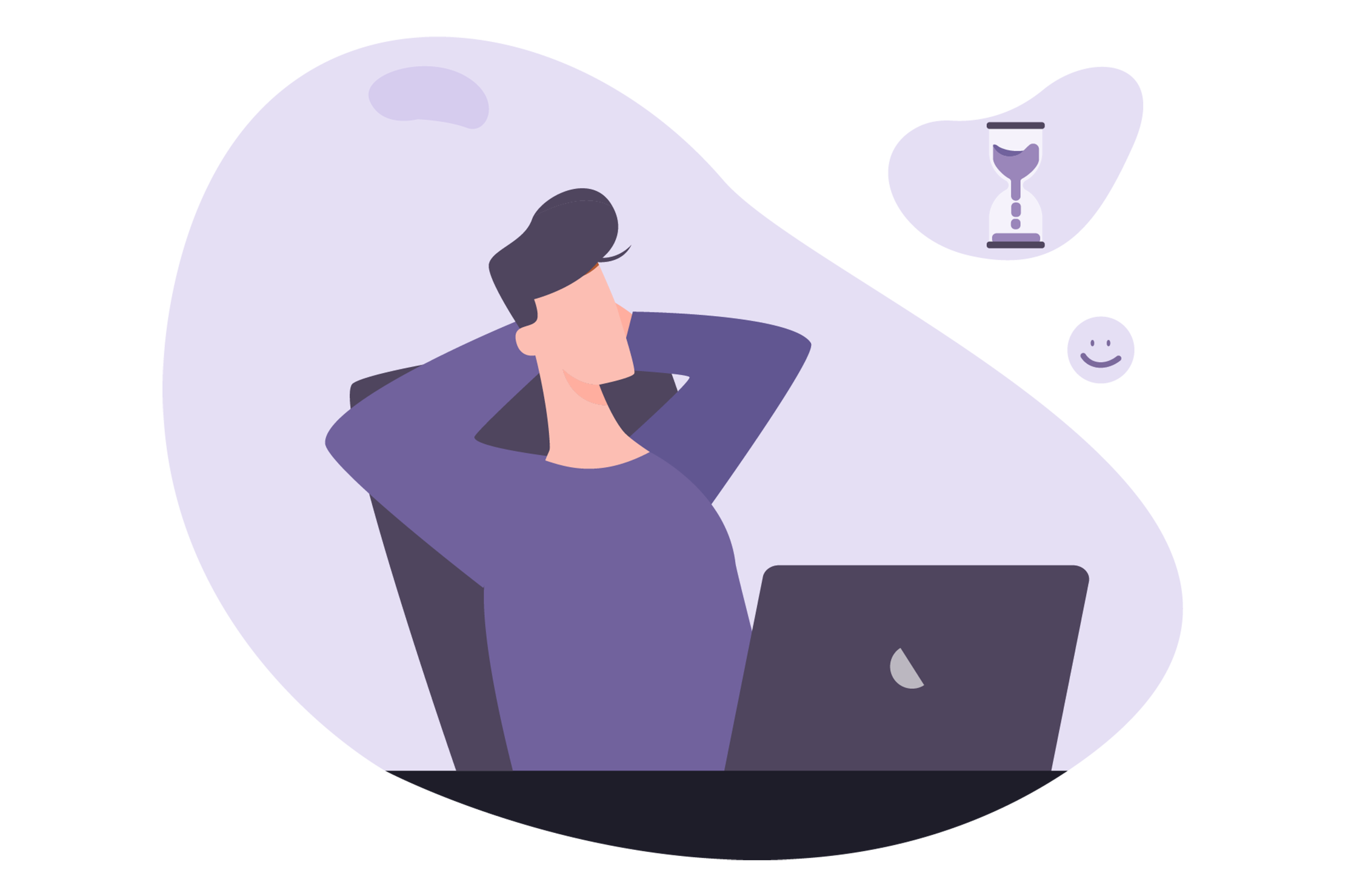 Purple blobbed illustration of man relaxing at work as he saves time through digitising payments