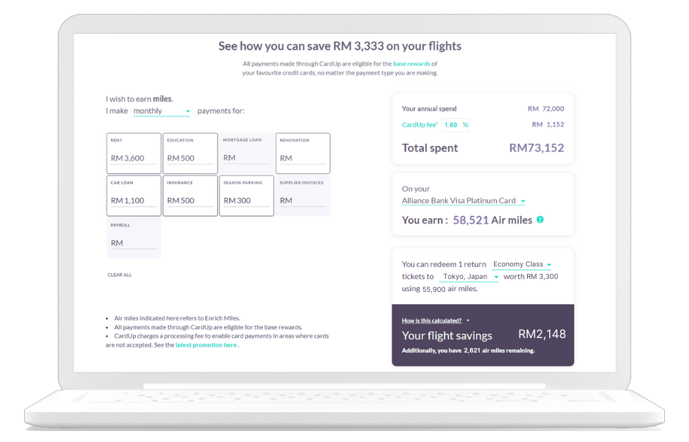 Christine's rewards calculation on CardUp Rewards Calculator