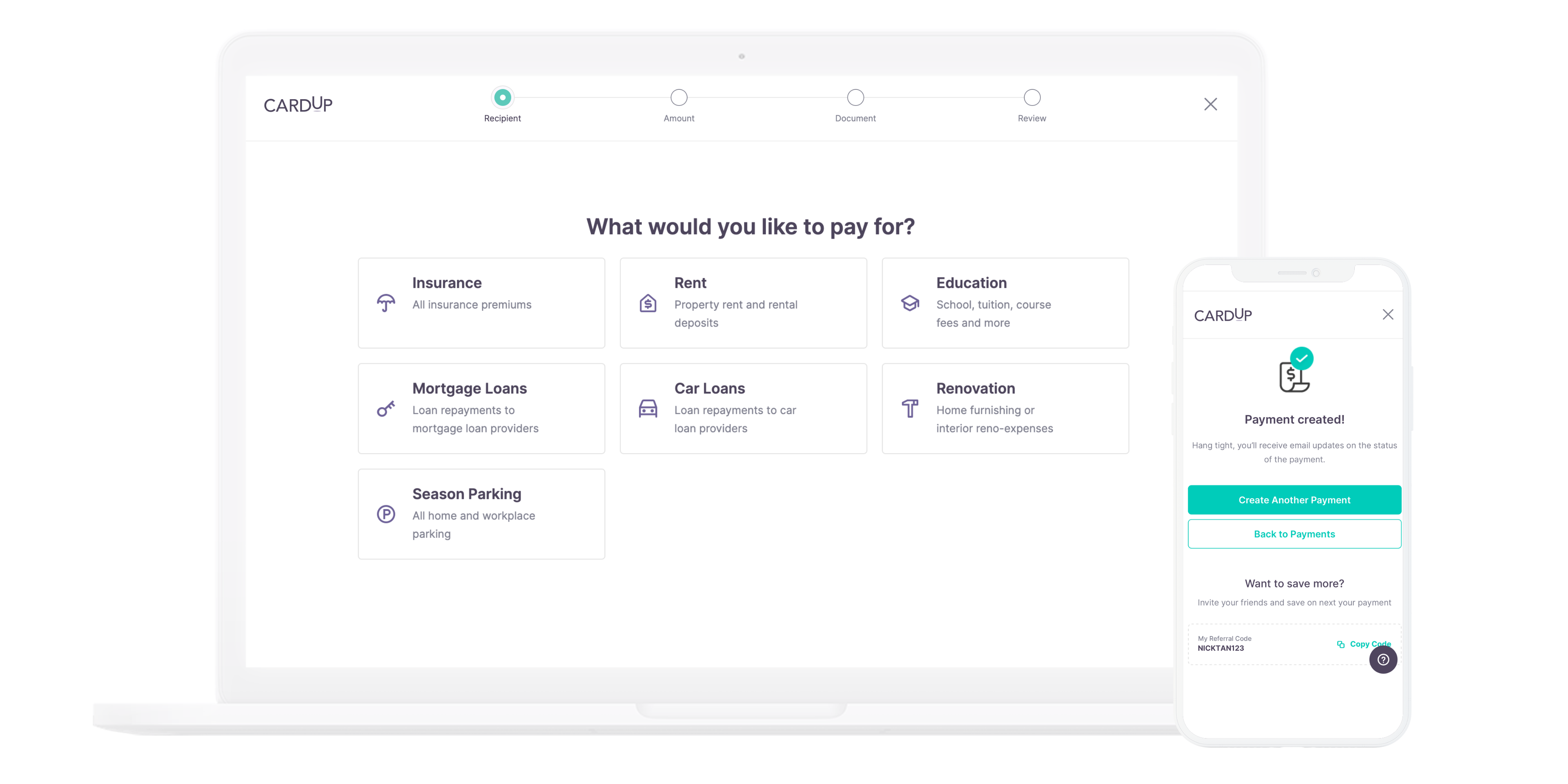 Reference of payment types available in CardUp Malaysia platform.