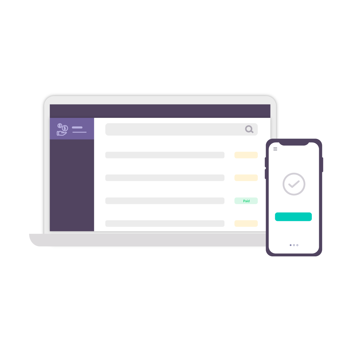 Payment dashboard viewed through laptop, payment made page viewed through phone